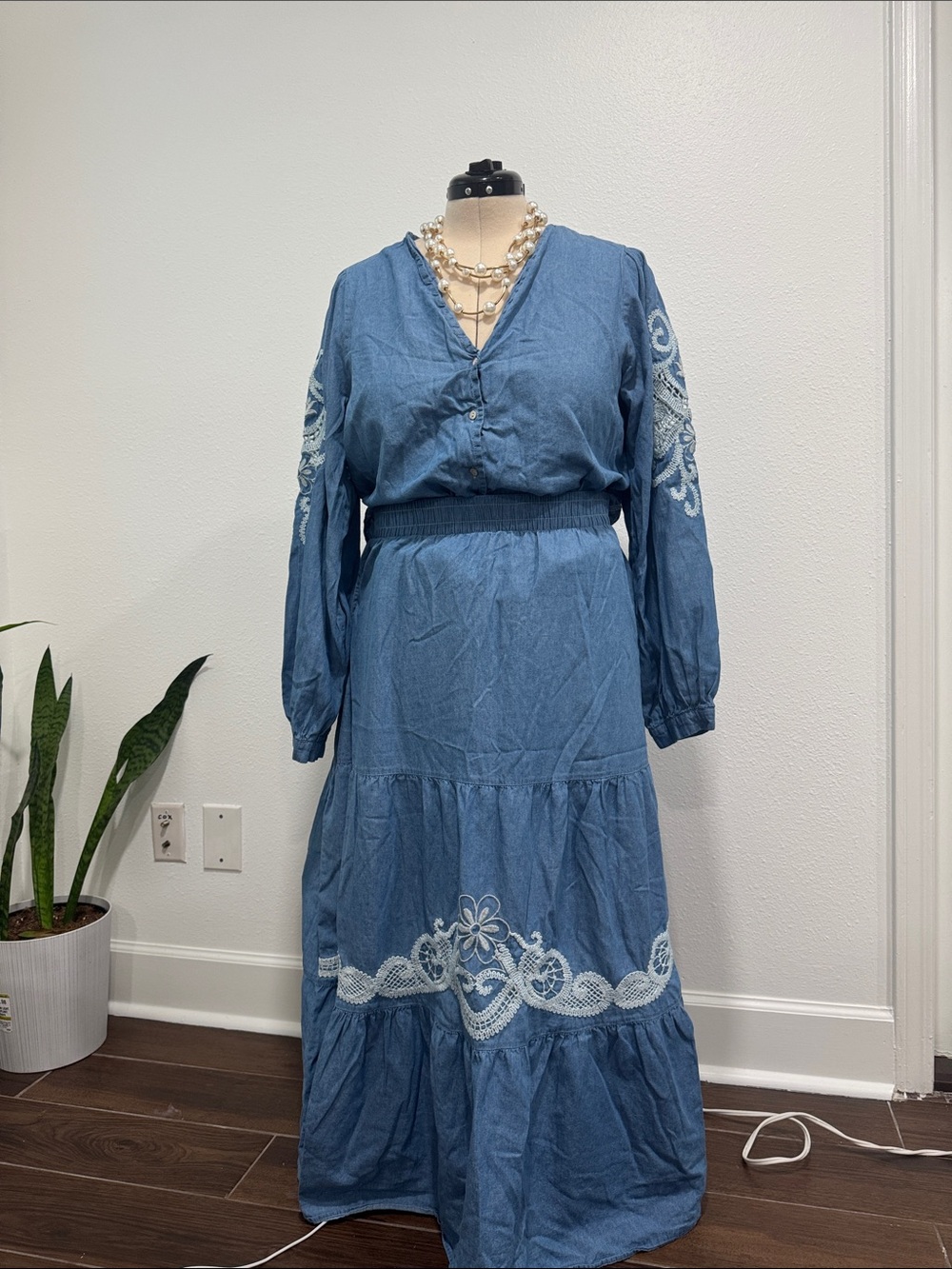 Blue Embroidered V-Neck Maxi Dress - Lightweight Cotton